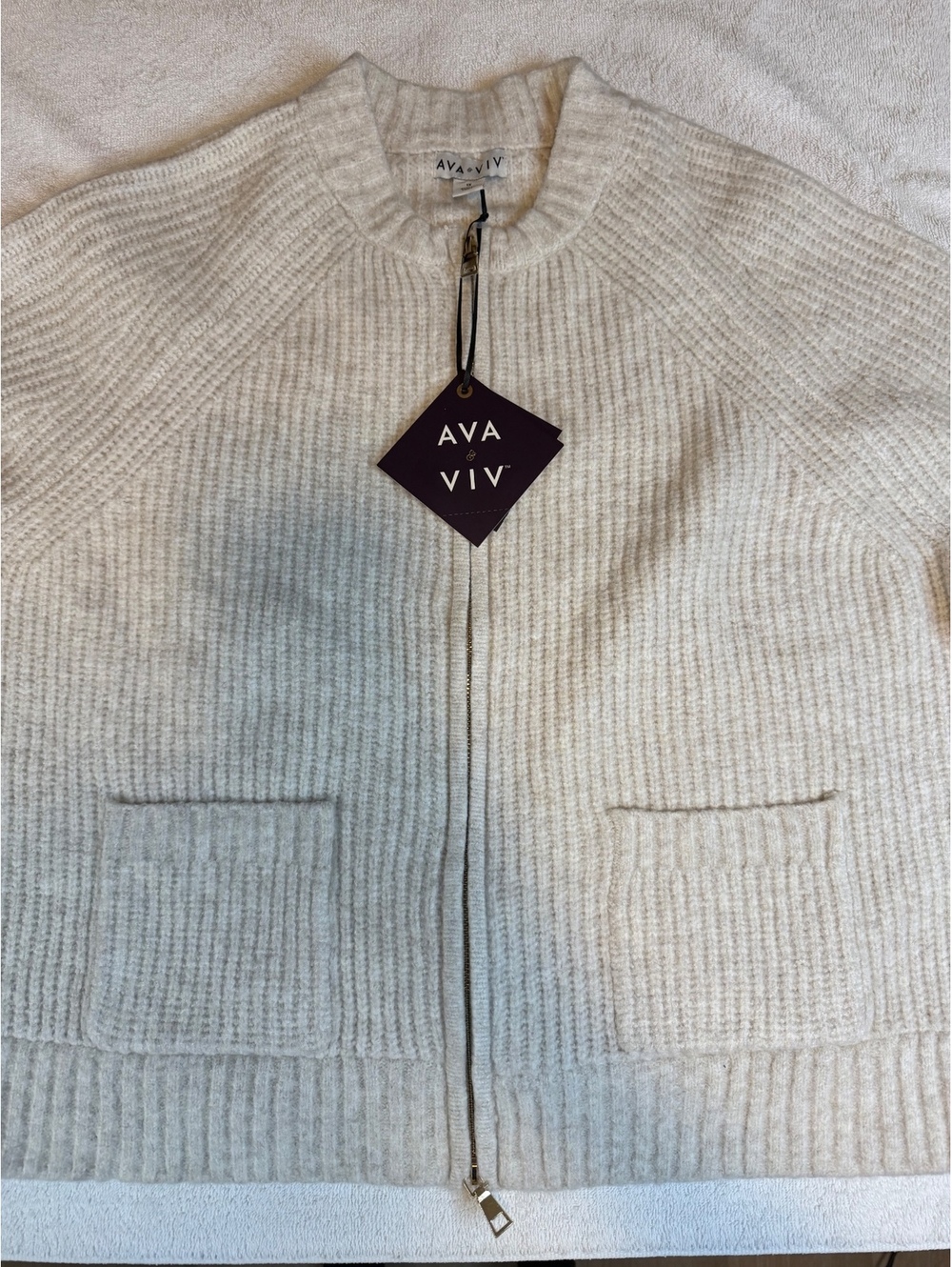 AVA & VIV Women's Cream Ribbed Knit Full Zip Cardigan Sweater Size 1X - #1287